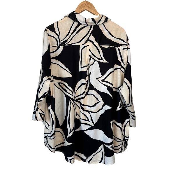 Rachel Zoe Palm Print Button Down Shirt 3X Women Black White Linen Rayon Boxy - Picture 5 of 8